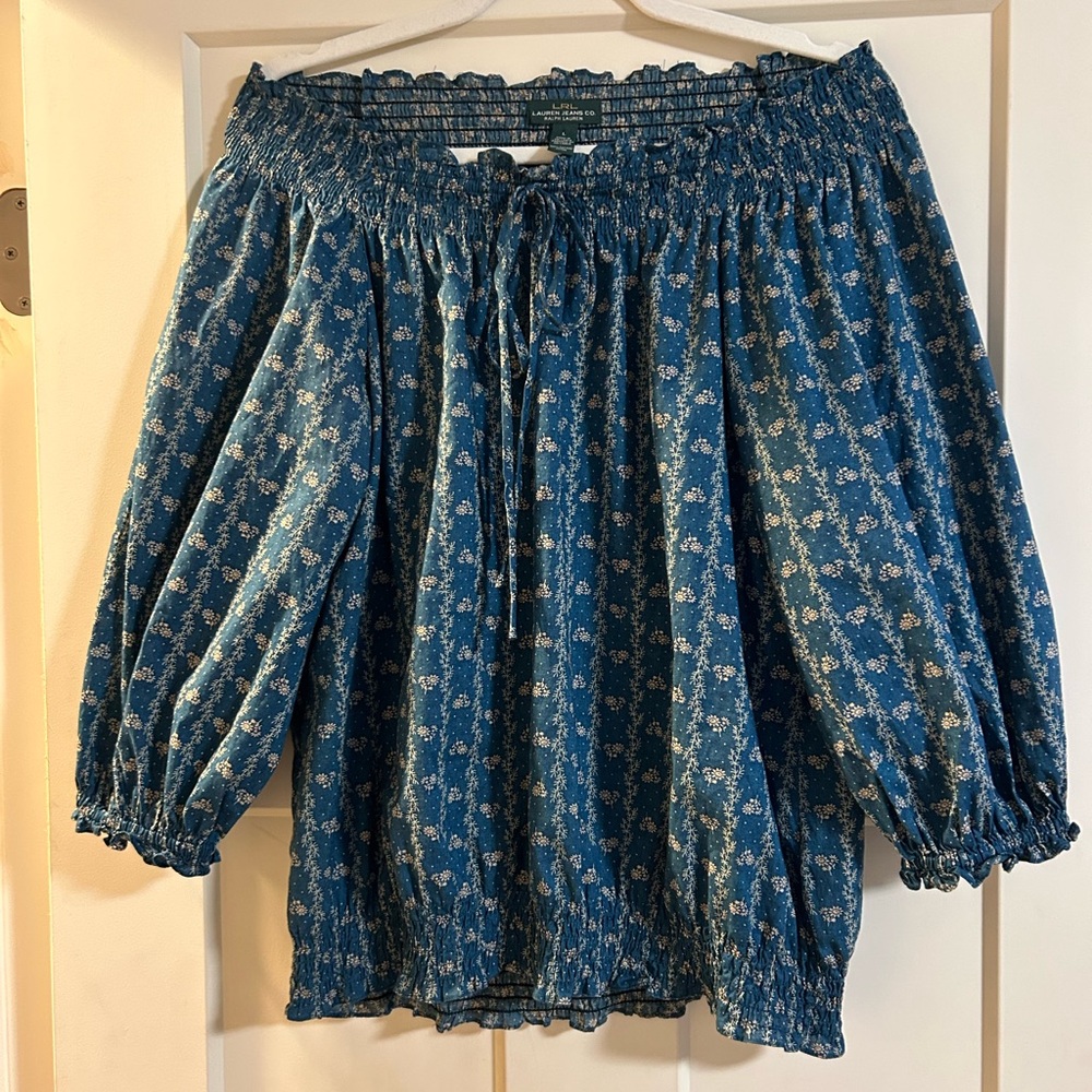 Ralph Lauren Blue Floral Off-Shoulder Blouse